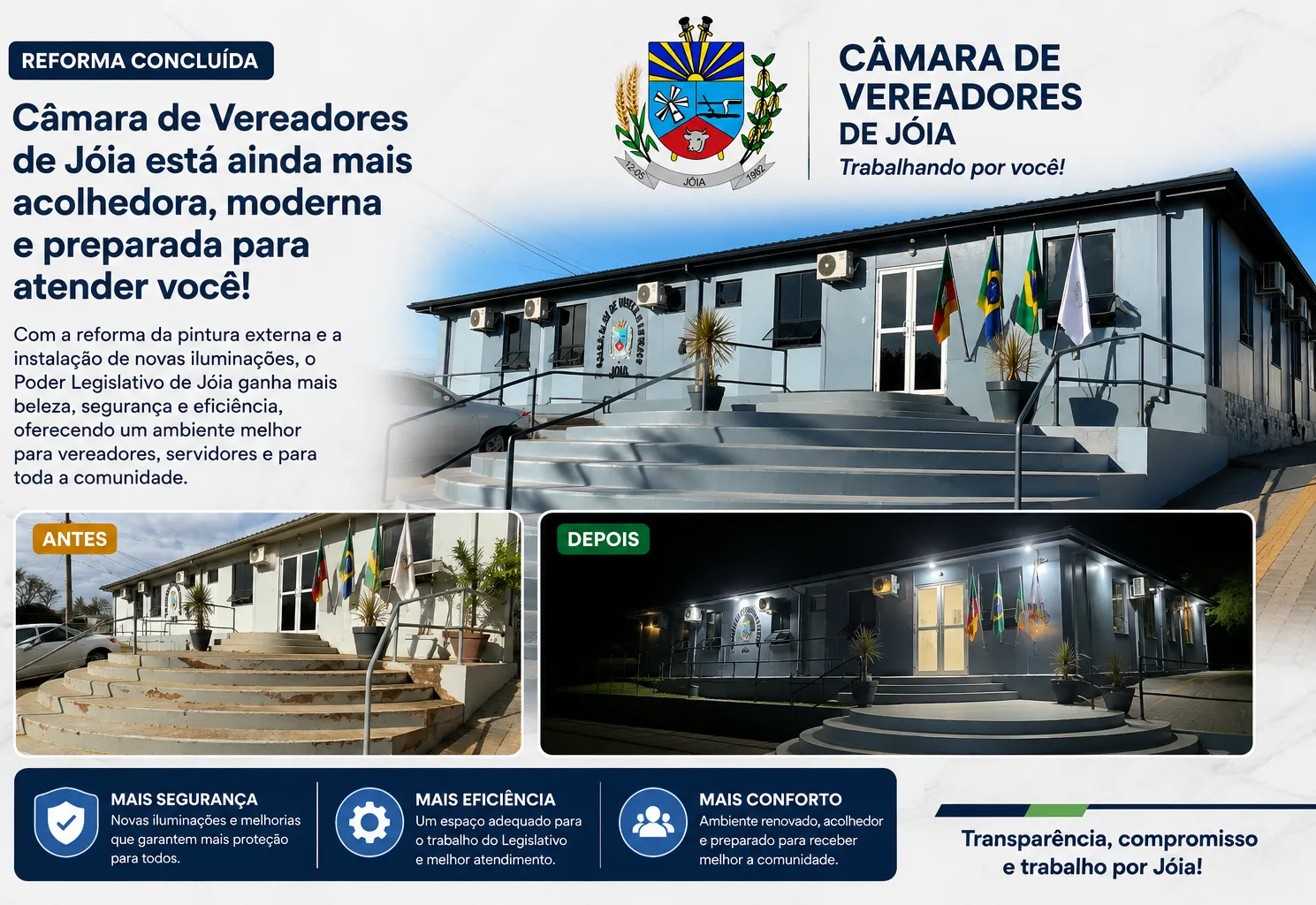 Câmara de Vereadores de Jóia conclui reforma externa e melhorias na iluminação