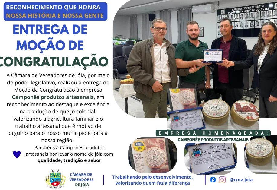 VEREADOR VALMIR JOSÉ DUTRA VIEIRA (PROGRESSISTA), REALIZA ENTREGA DE UMA MOÇÃO DE CONGRATULAÇÃO Á CAMPONÊS PRODUTOS ARTESANAIS 