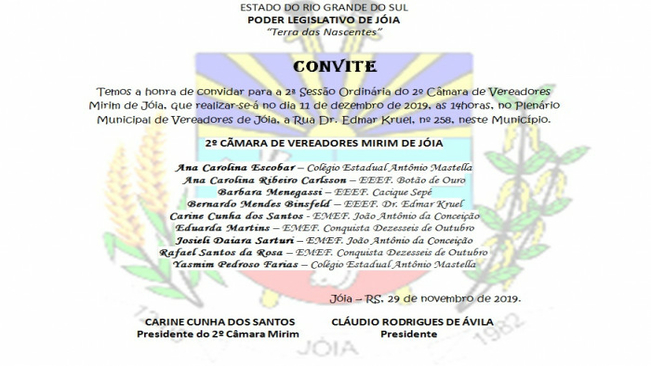 CONVITE PARA 2º SESSÃO ORDINÁRIA PLENÁRIA DO 2º CÂMARA DE VEREADORES MIRIM DE JÓIA/RS.